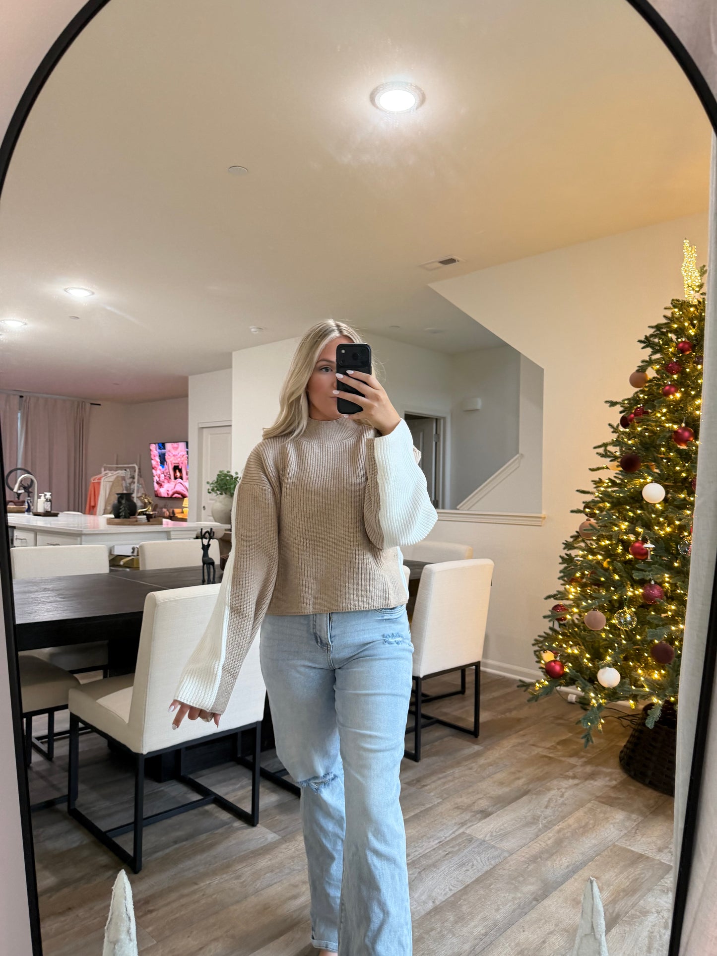 Carmen Mock Neck Two Tone Sweater-Taupe/Ivory