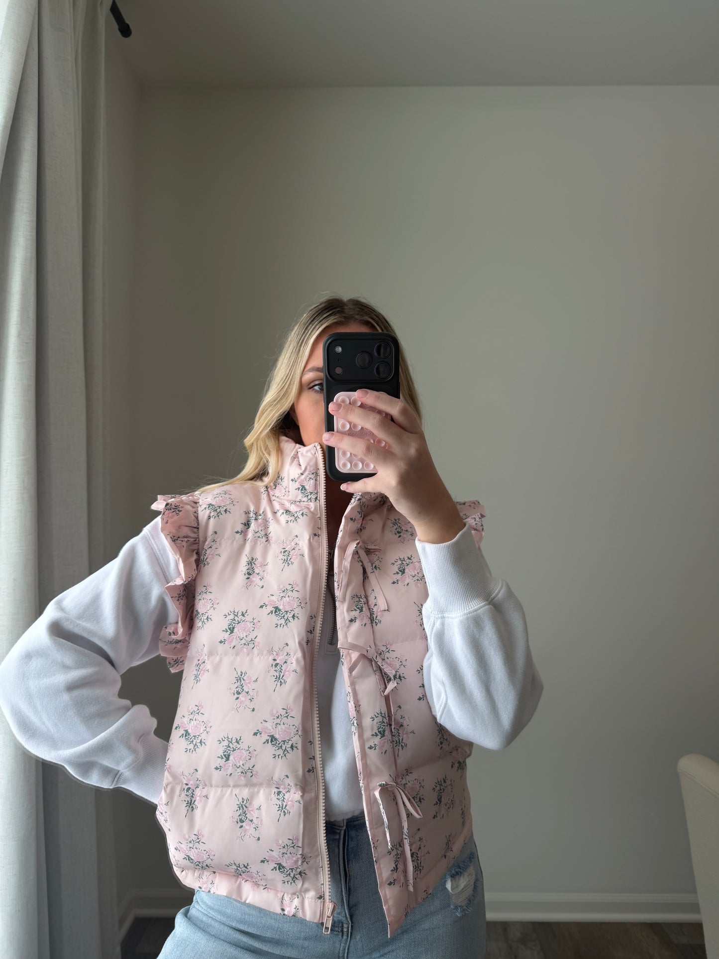 Gracie Bow Ruffle Floral Puffer Vest - Pink