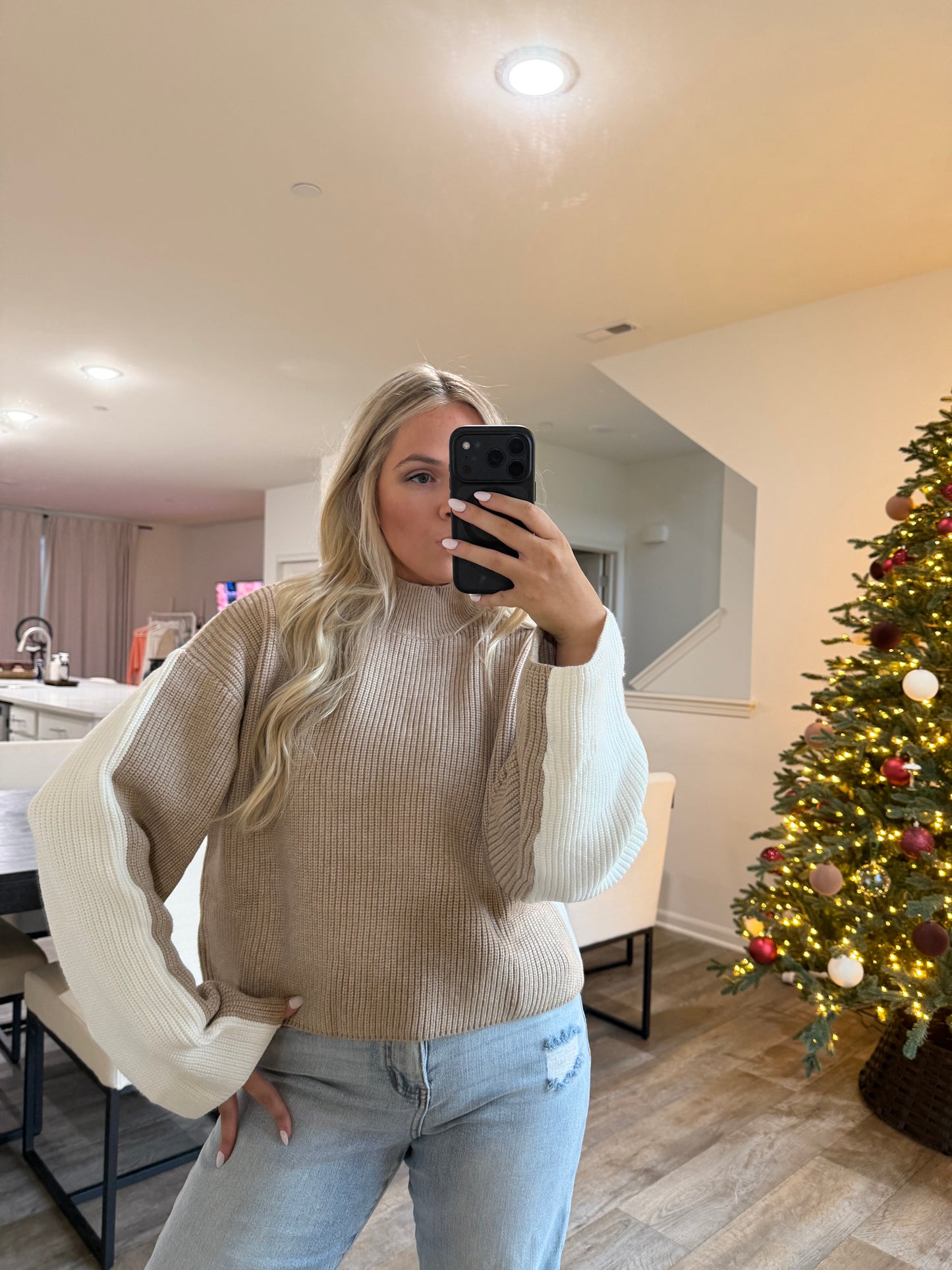 Carmen Mock Neck Two Tone Sweater-Taupe/Ivory