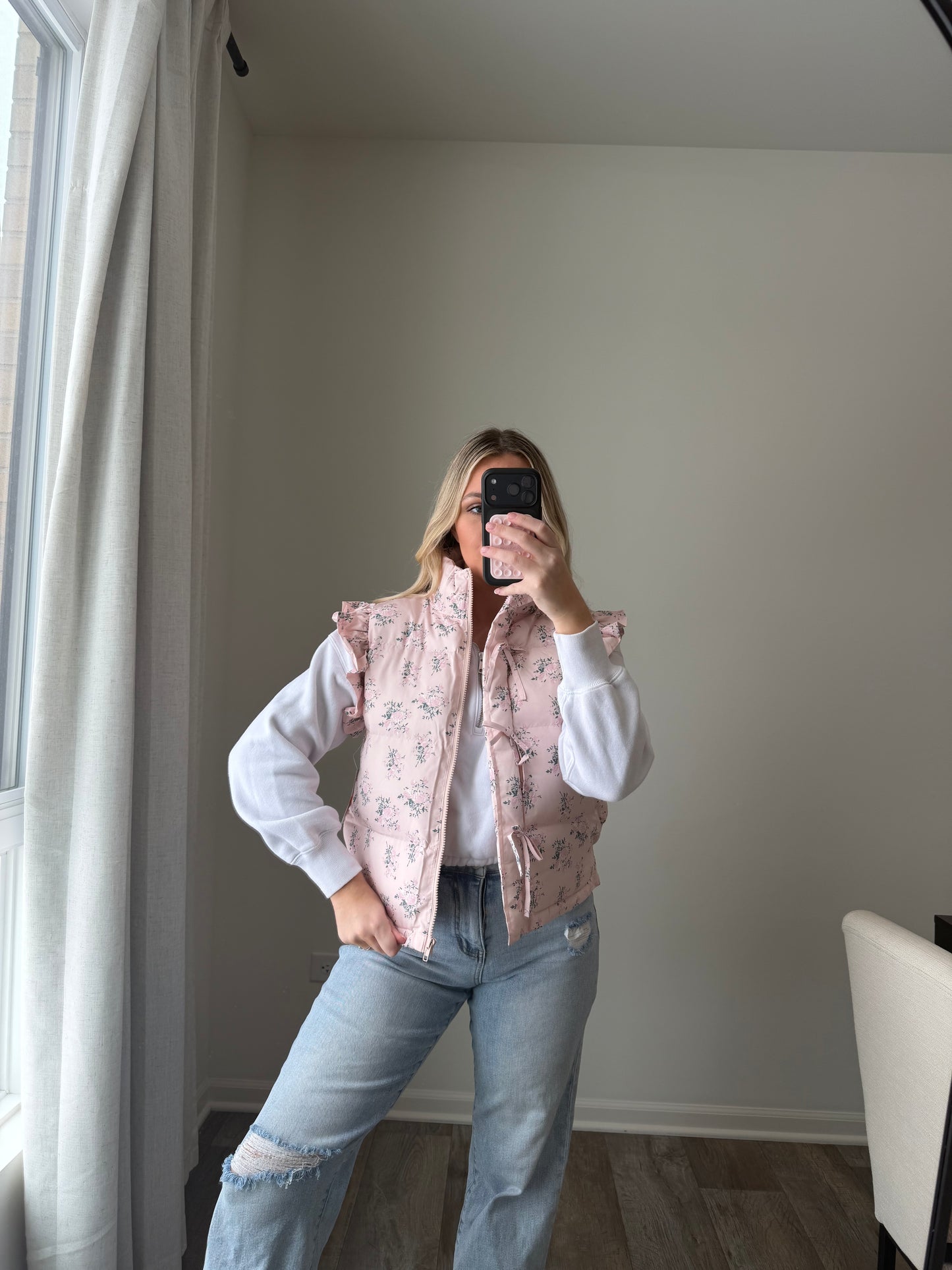 Gracie Bow Ruffle Floral Puffer Vest - Pink