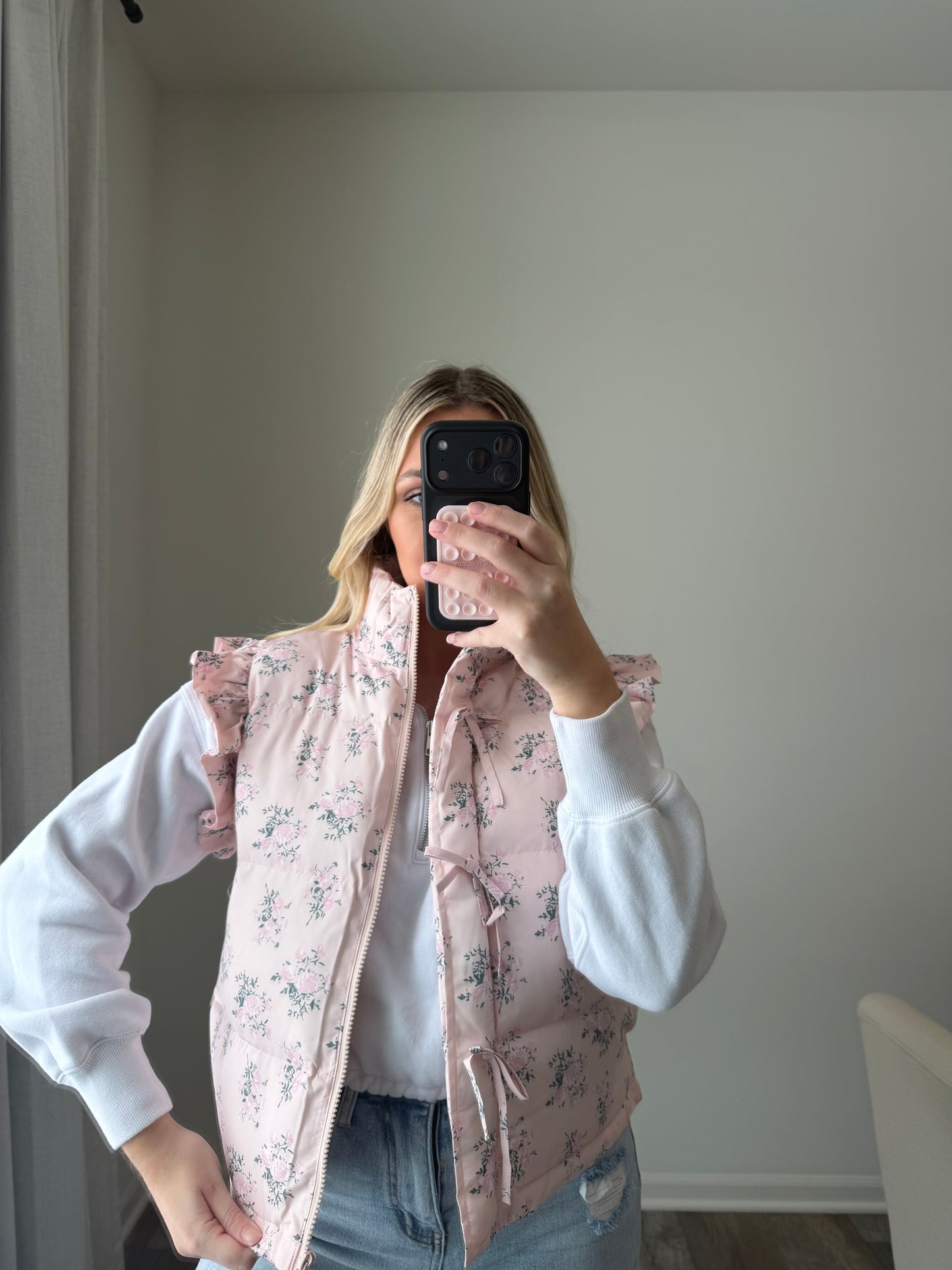 Gracie Bow Ruffle Floral Puffer Vest - Pink