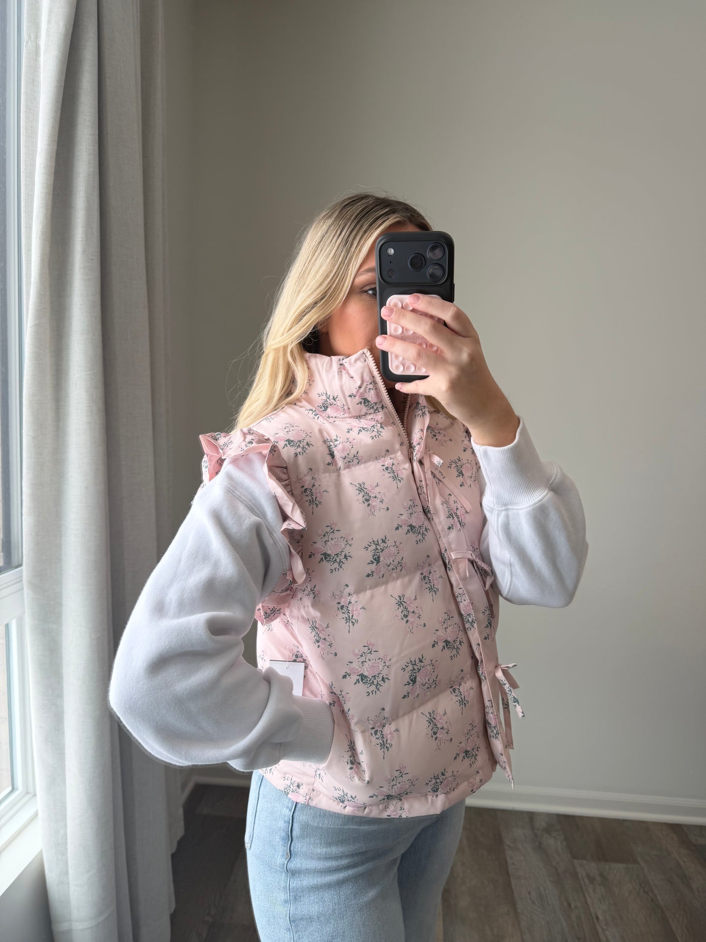 Gracie Bow Ruffle Floral Puffer Vest - Pink