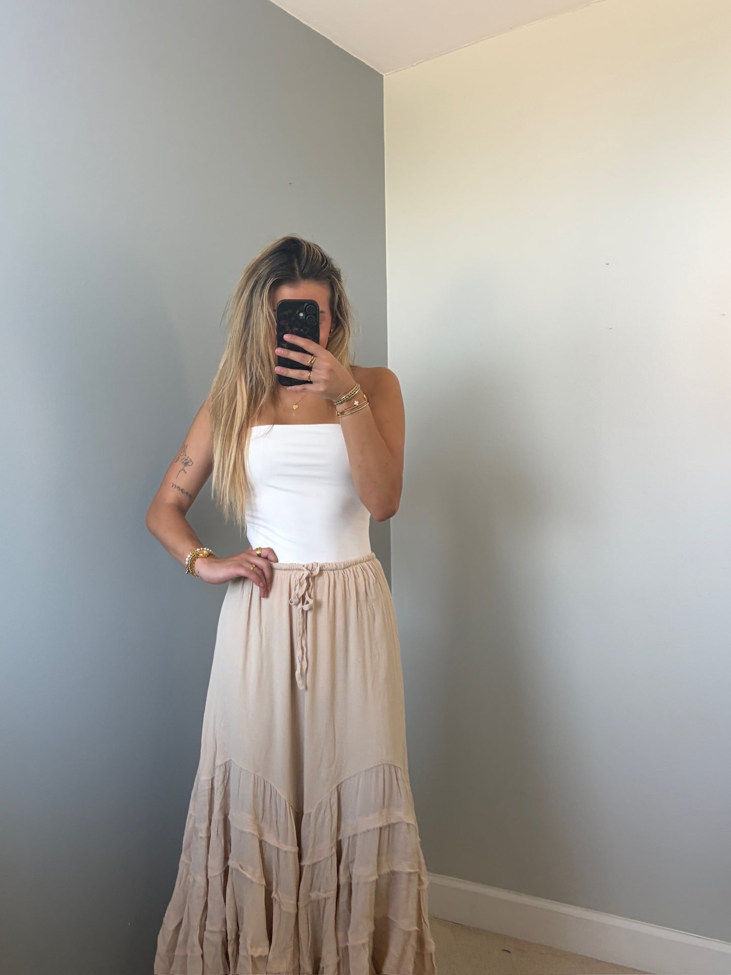 Reed Ruffle Maxi Skirt - Tan Natural