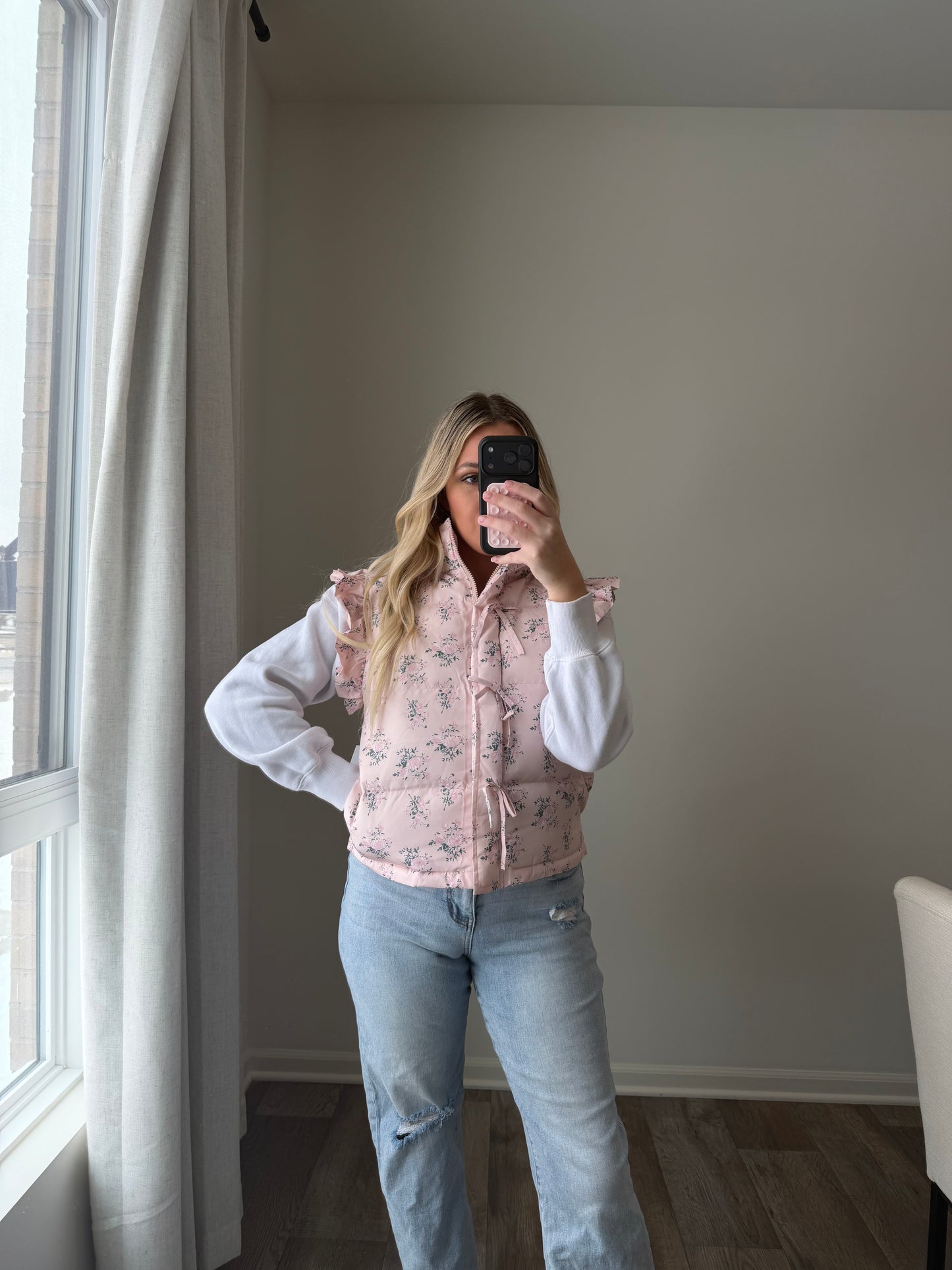Gracie Bow Ruffle Floral Puffer Vest - Pink