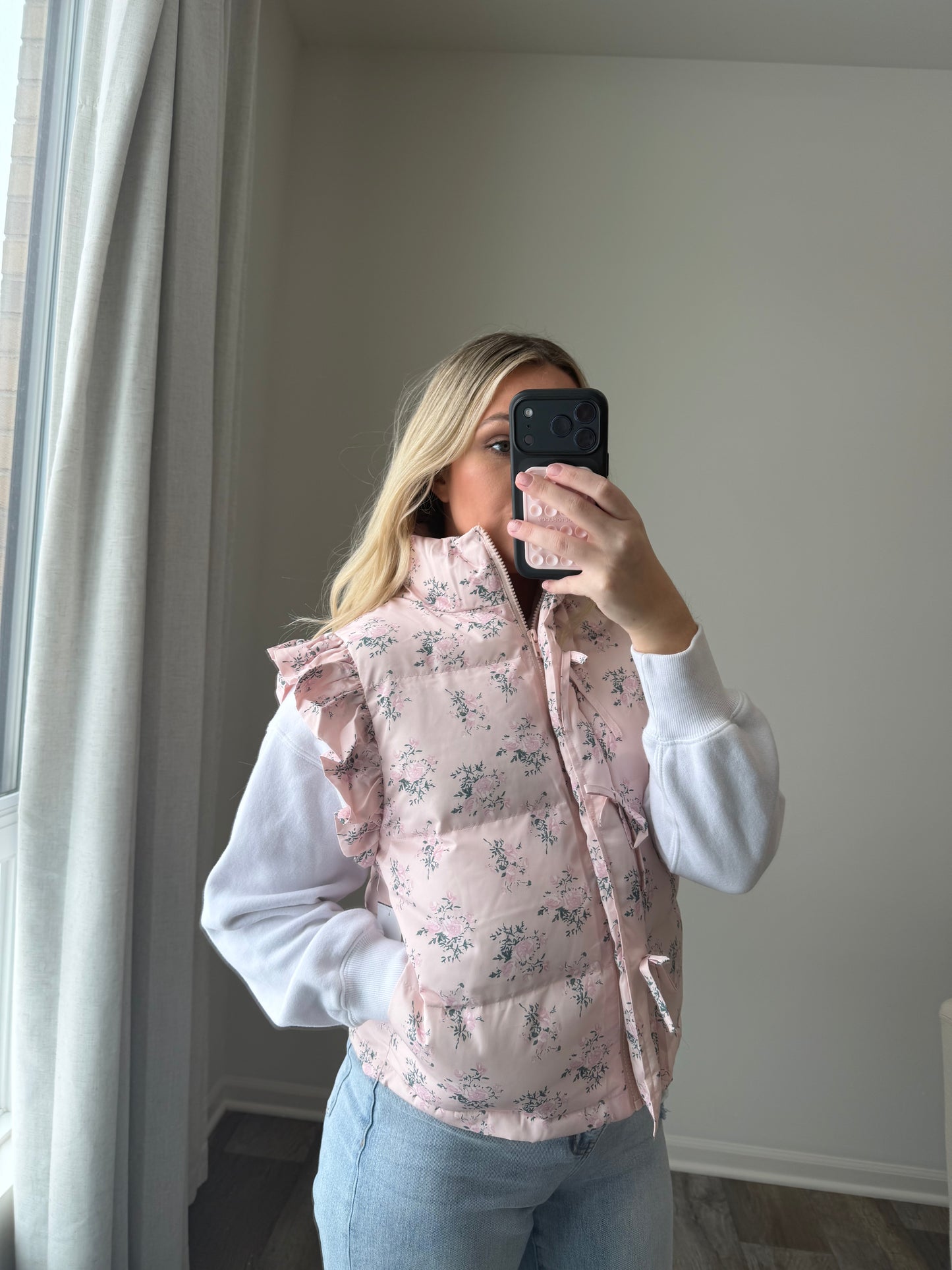Gracie Bow Ruffle Floral Puffer Vest - Pink