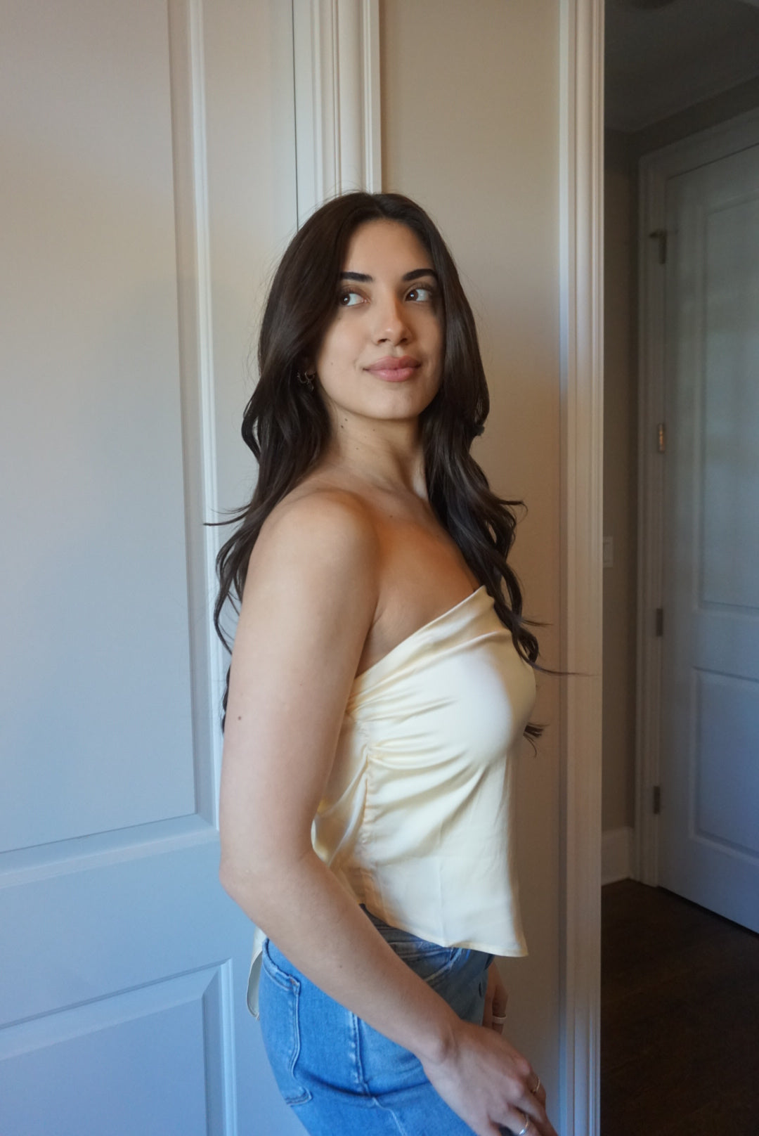 Zoe Butter Lemon Scarf Strapless Satin Top - Yellow