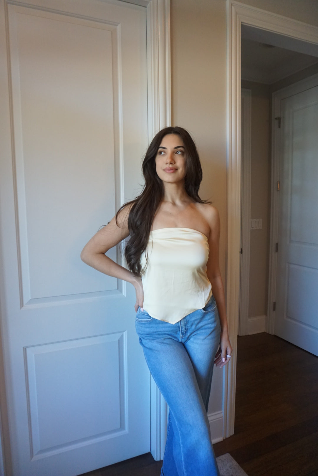 Zoe Butter Lemon Scarf Strapless Satin Top - Yellow