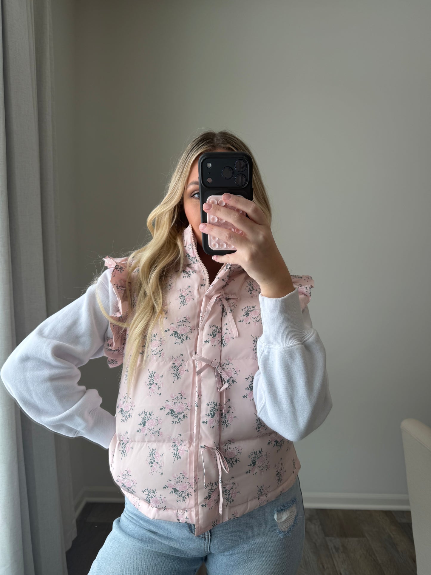 Gracie Bow Ruffle Floral Puffer Vest - Pink