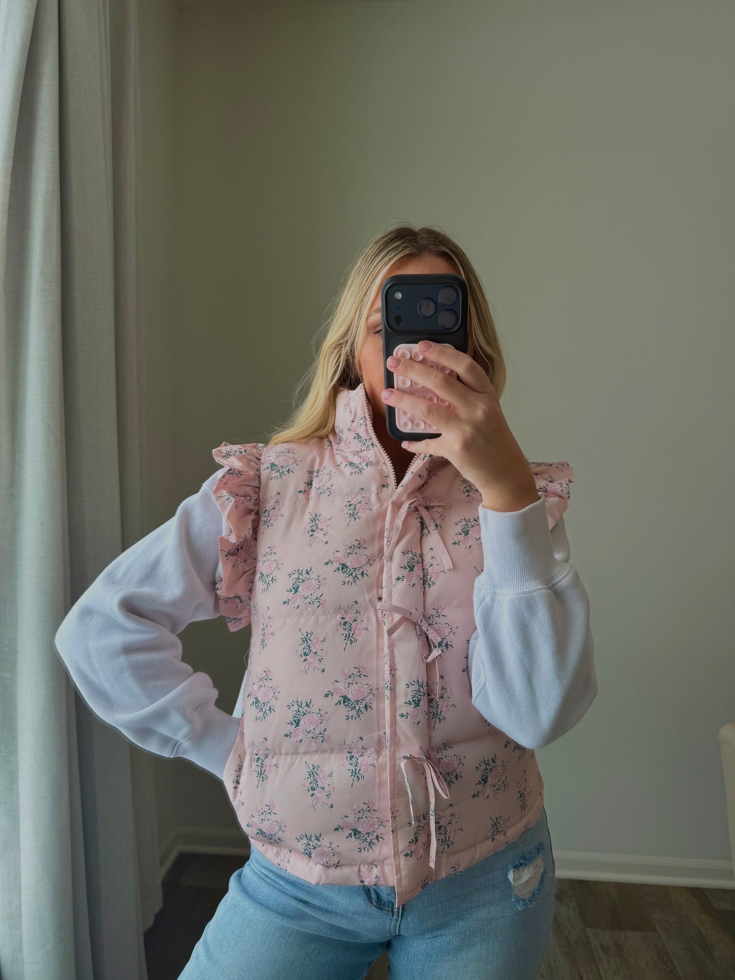 Gracie Bow Ruffle Floral Puffer Vest - Pink