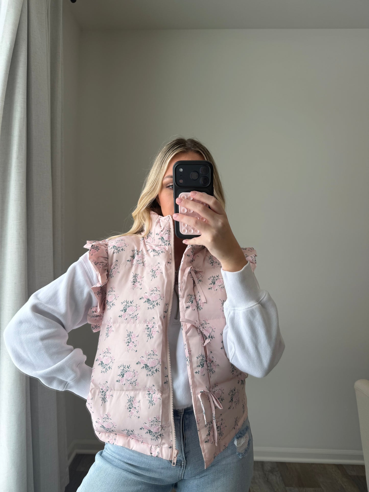 Gracie Bow Ruffle Floral Puffer Vest - Pink
