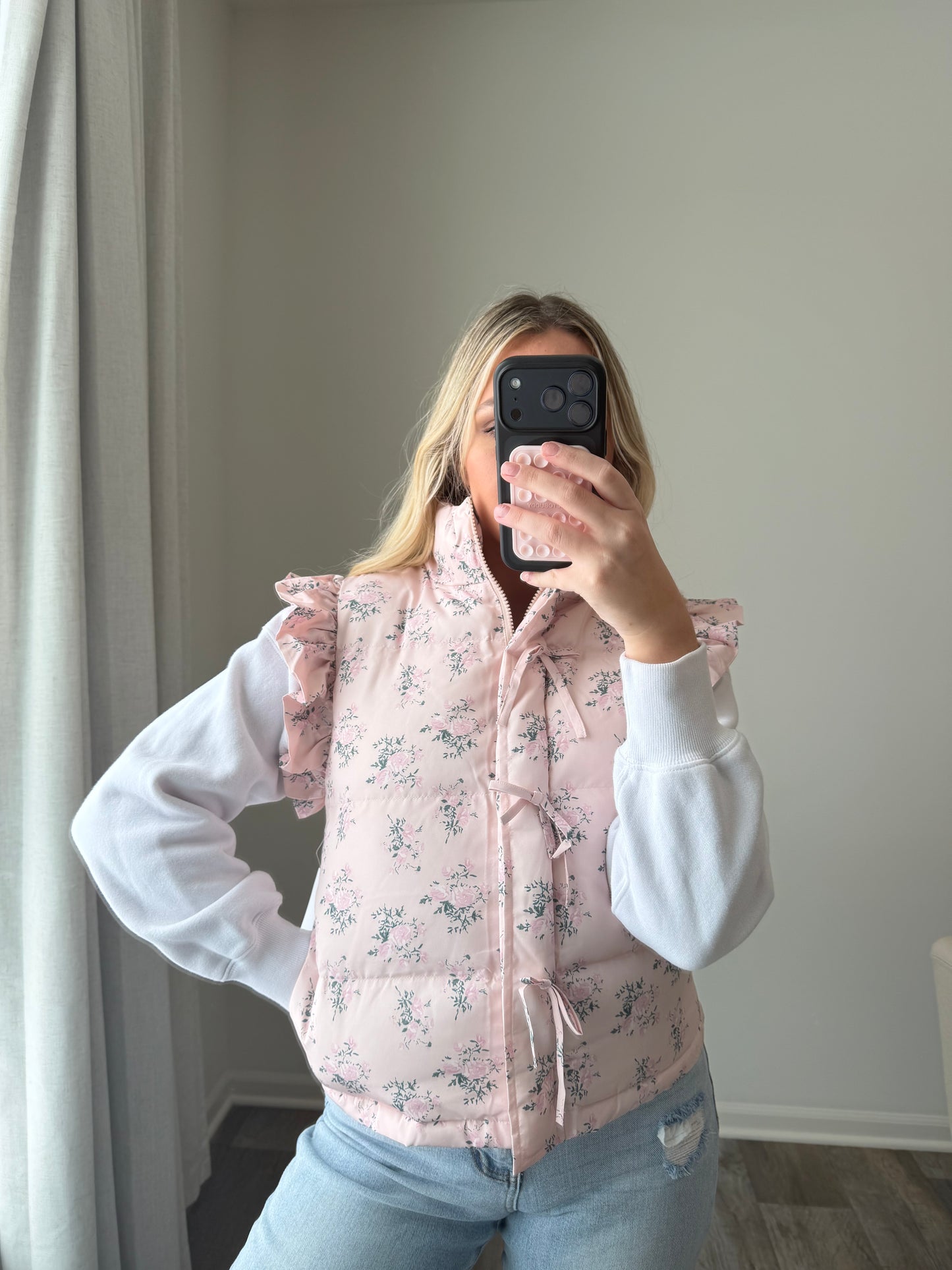 Gracie Bow Ruffle Floral Puffer Vest - Pink