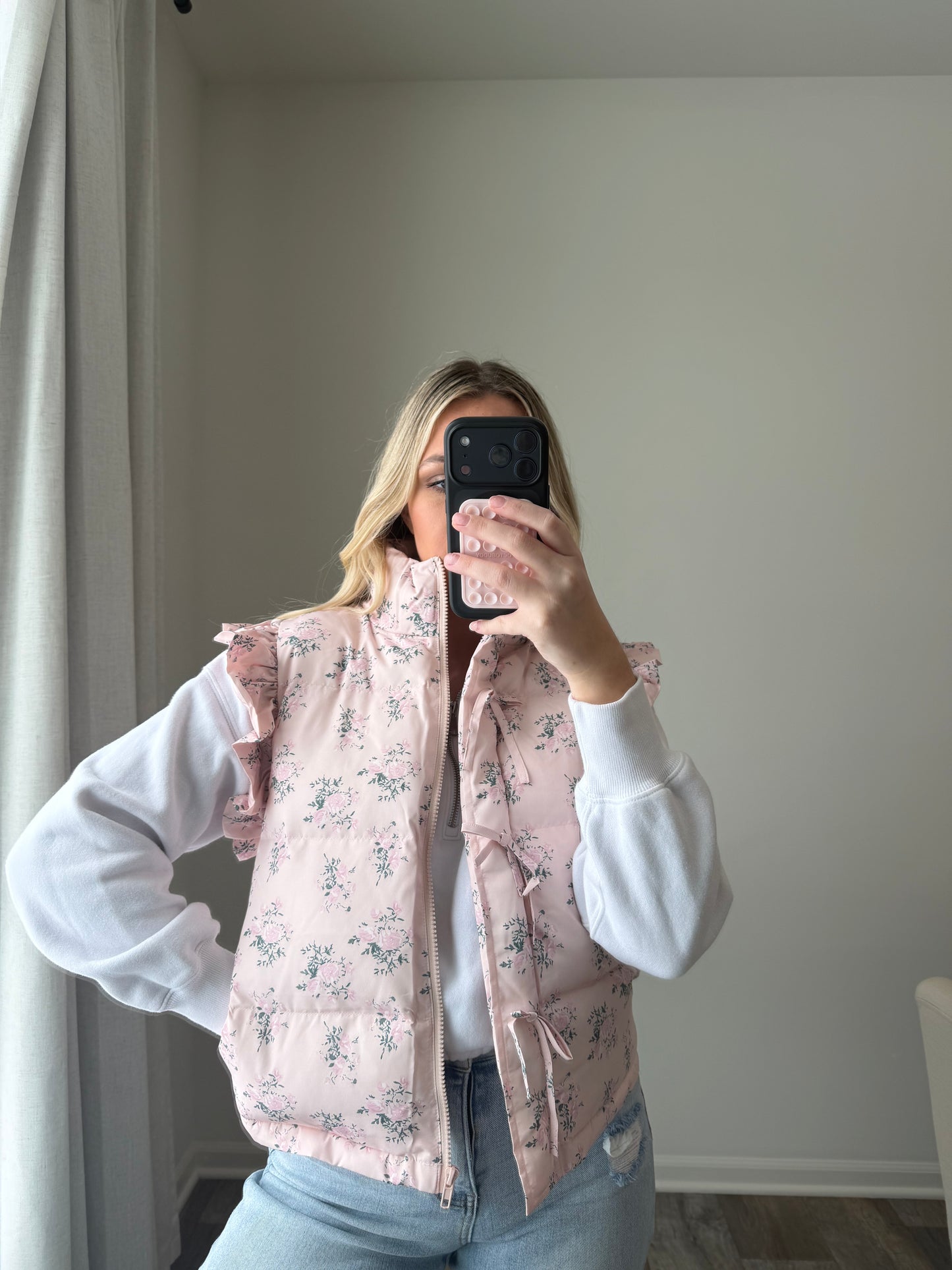 Gracie Bow Ruffle Floral Puffer Vest - Pink