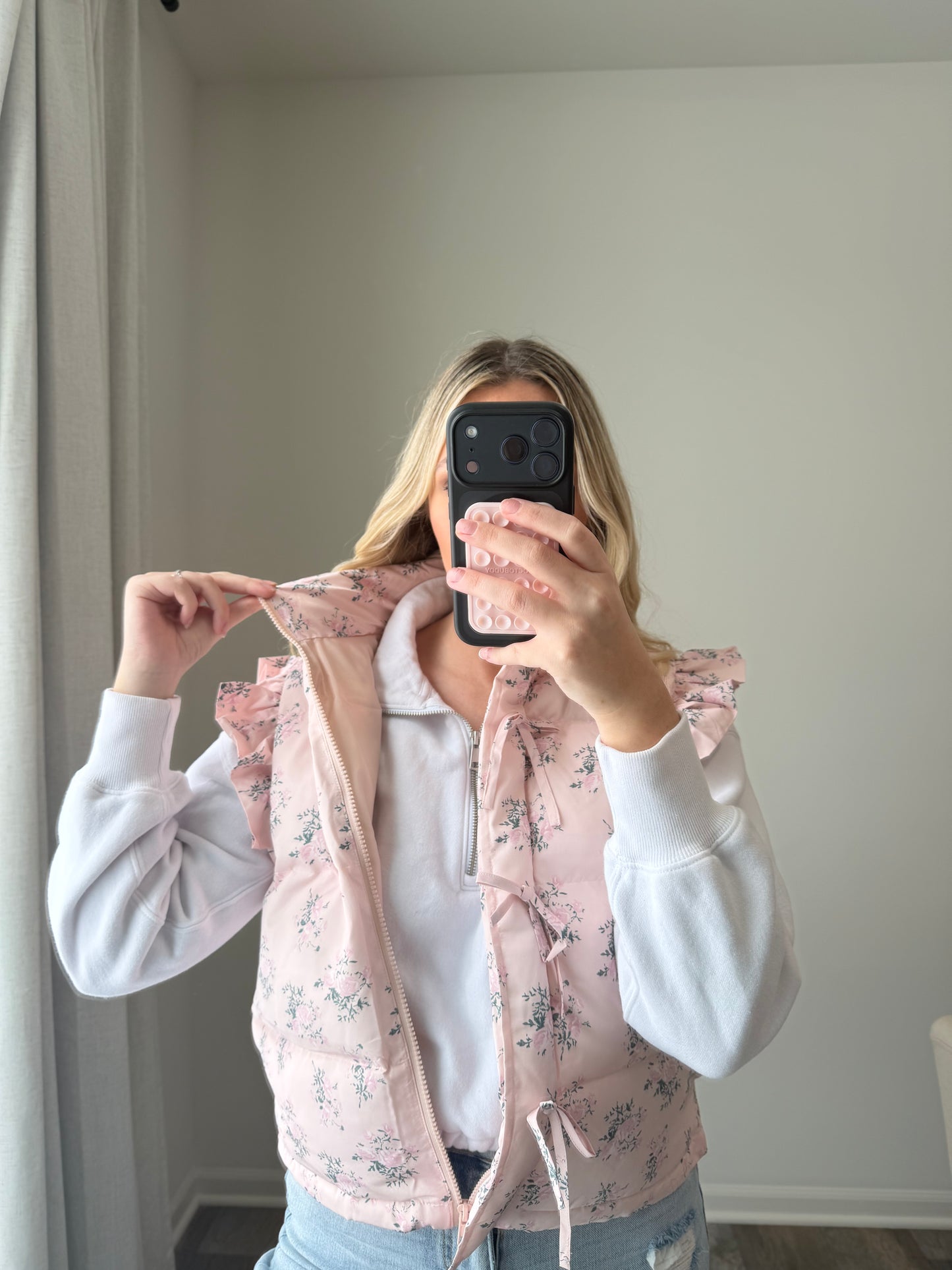 Gracie Bow Ruffle Floral Puffer Vest - Pink