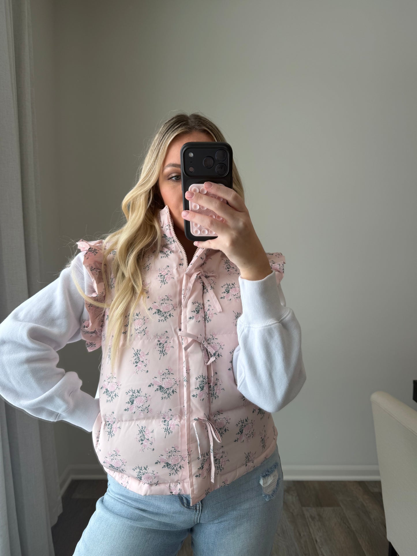Gracie Bow Ruffle Floral Puffer Vest - Pink