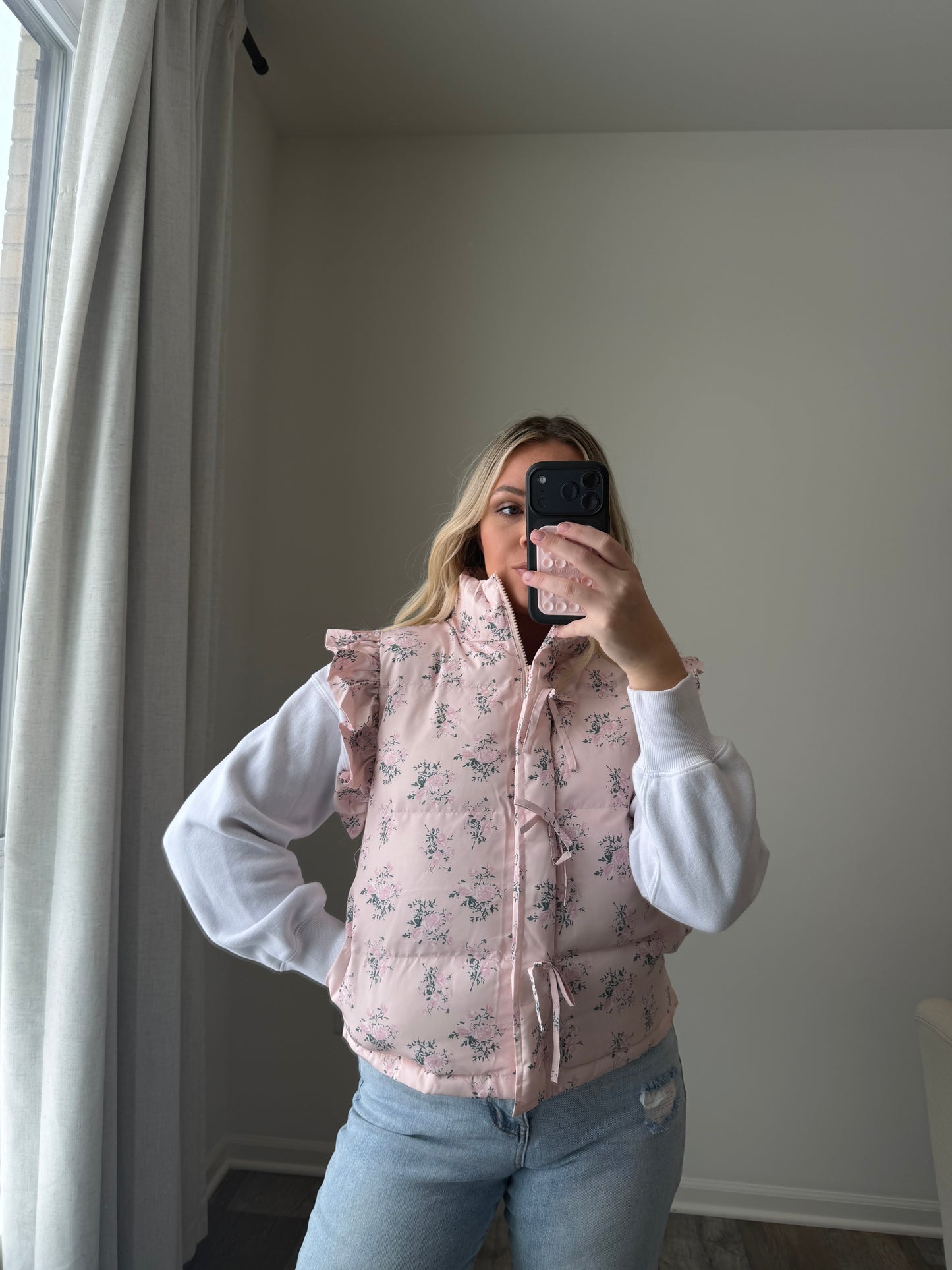 Gracie Bow Ruffle Floral Puffer Vest - Pink