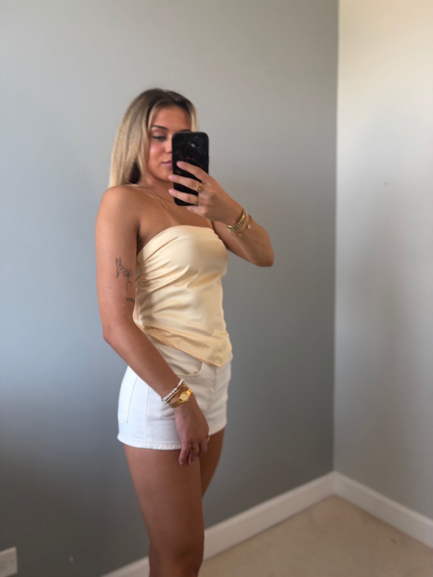 Zoe Butter Lemon Scarf Strapless Satin Top - Yellow