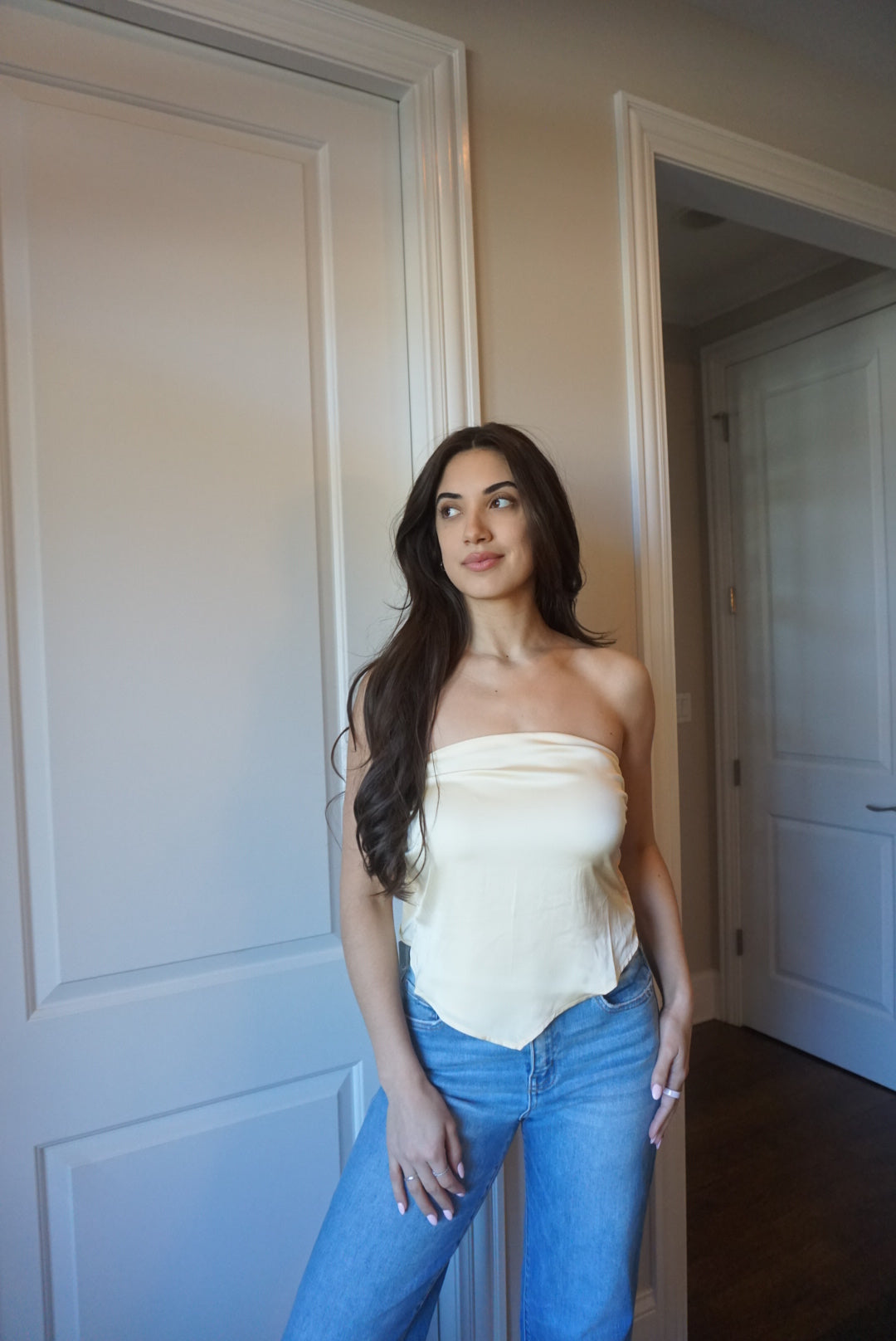 Zoe Butter Lemon Scarf Strapless Satin Top - Yellow