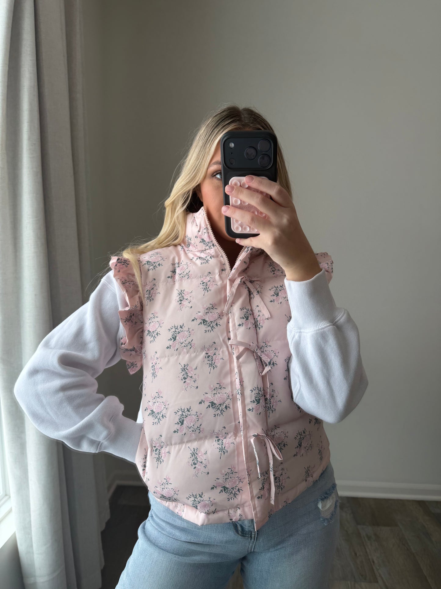 Gracie Bow Ruffle Floral Puffer Vest - Pink