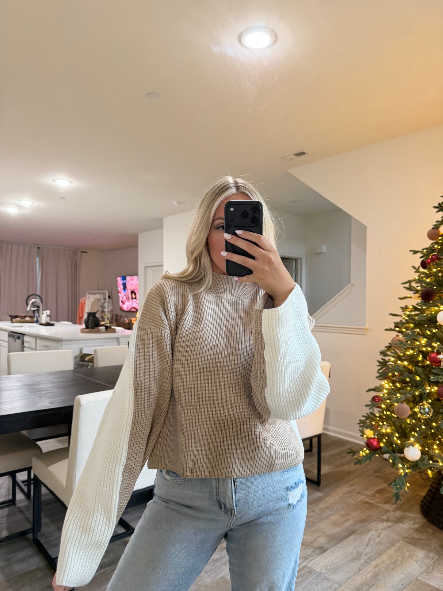 Carmen Mock Neck Two Tone Sweater-Taupe/Ivory