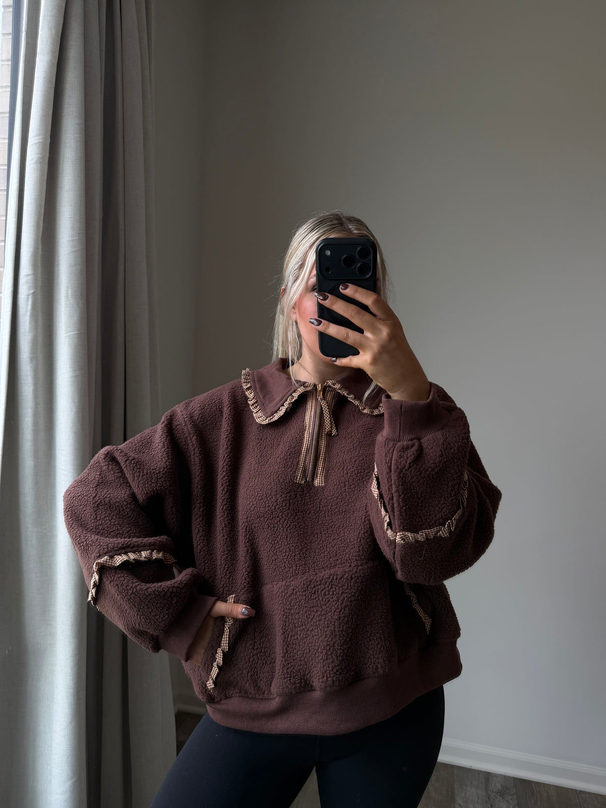 Kinsley Maple Gingham Sherpa Sweater - Brown