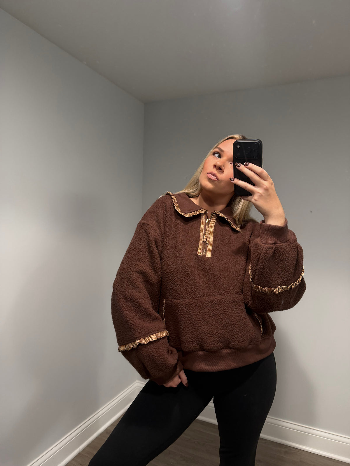 Kinsley Maple Gingham Sherpa Sweater - Brown