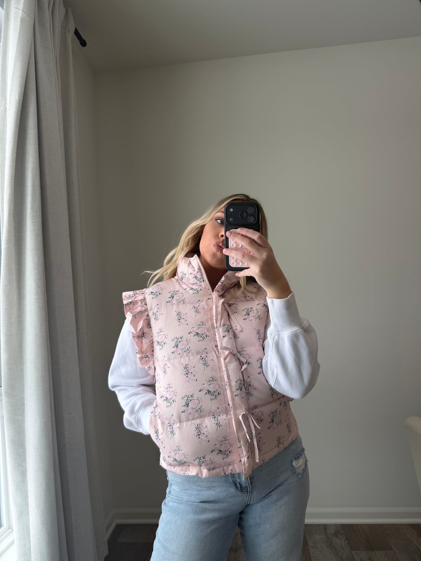 Gracie Bow Ruffle Floral Puffer Vest - Pink