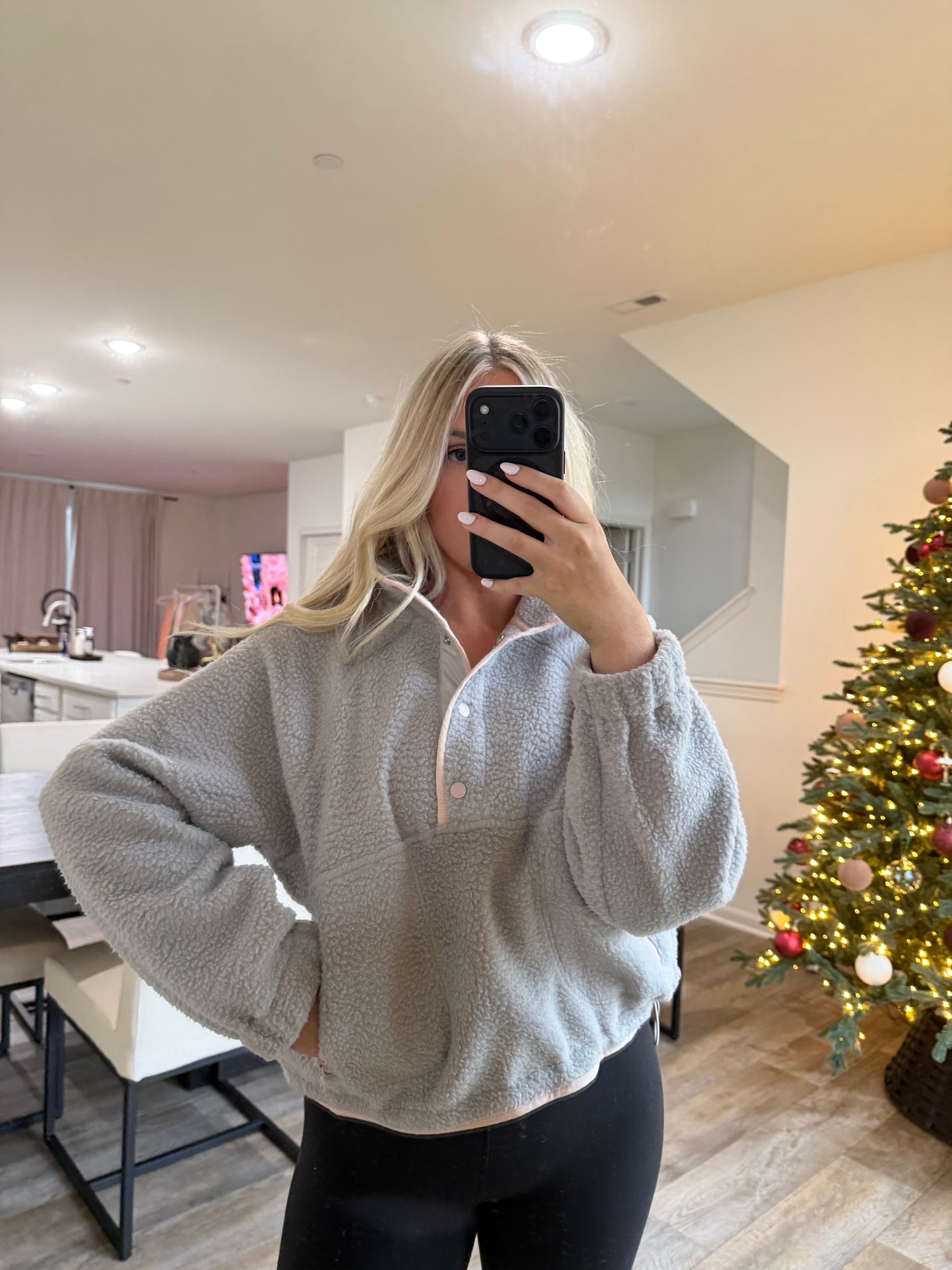 Halle Fleece Button Sweater- Gray/Lt Pink