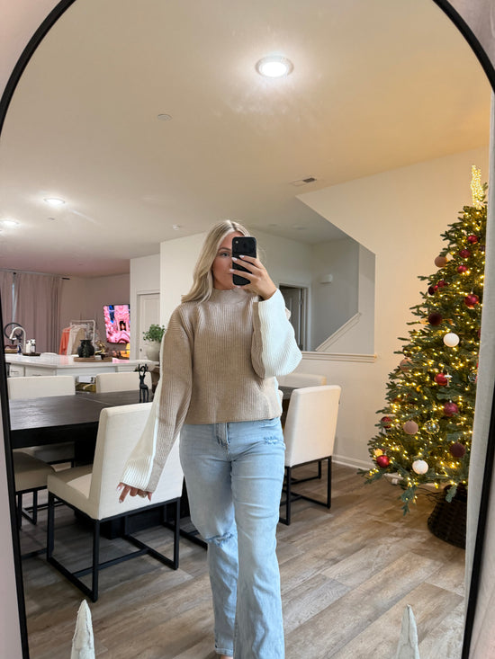 Carmen Mock Neck Two Tone Sweater-Taupe/Ivory