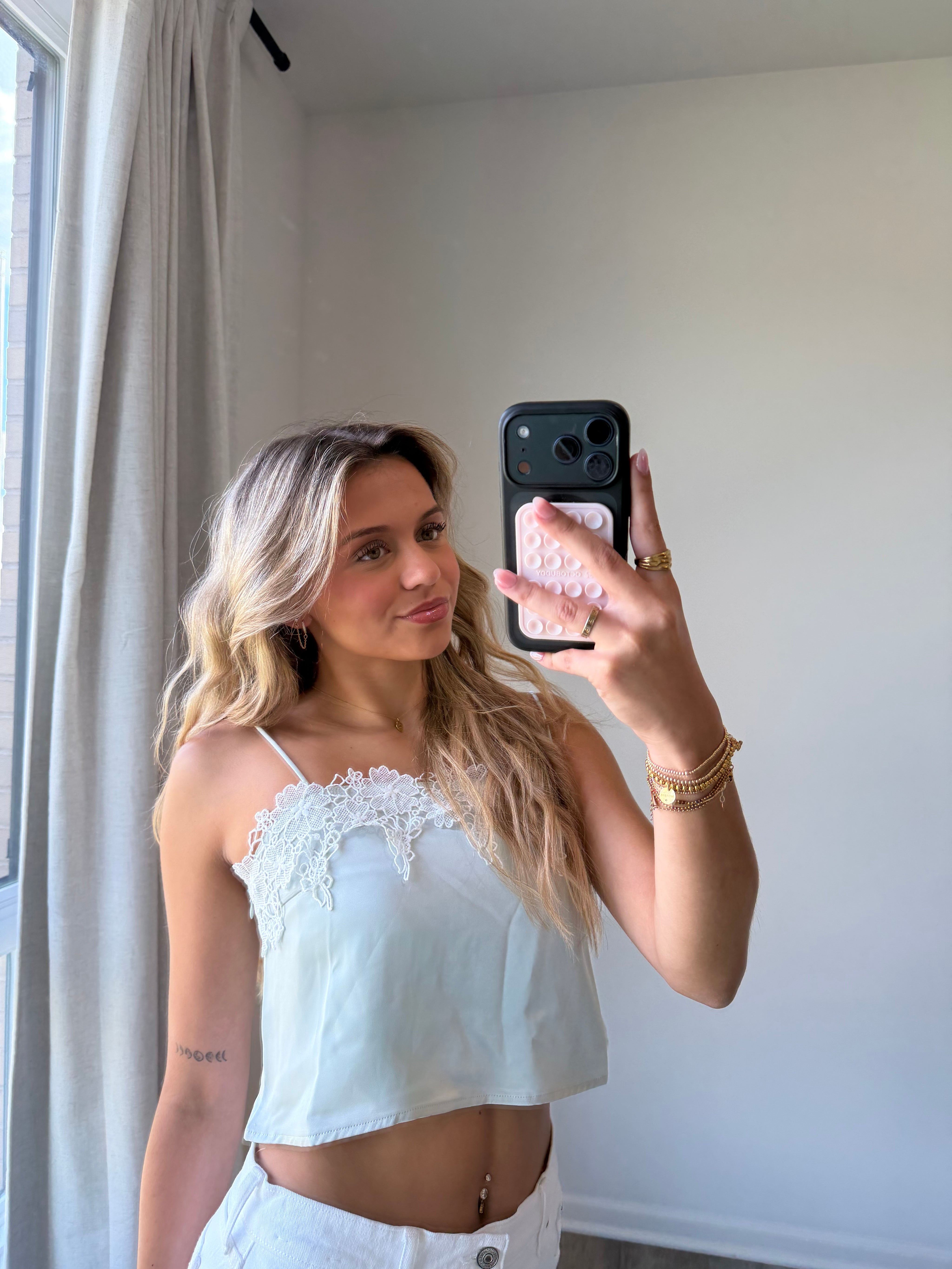 Jules Lace Tank Cropped - Light Sage