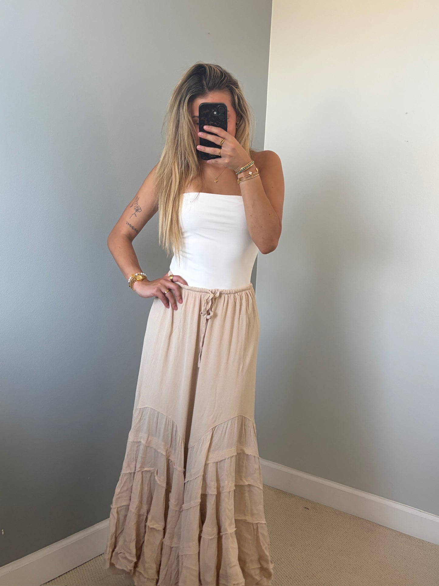 Reed Ruffle Maxi Skirt - Tan Natural