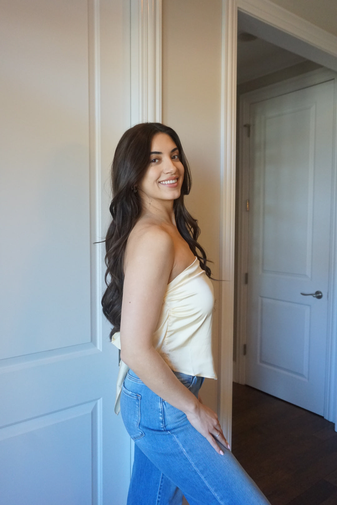Zoe Butter Lemon Scarf Strapless Satin Top - Yellow