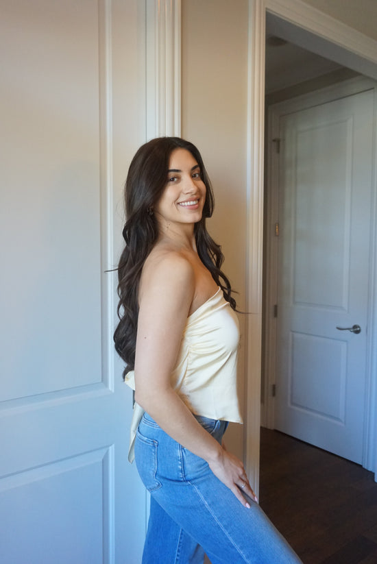 Zoe Butter Lemon Scarf Strapless Satin Top - Yellow