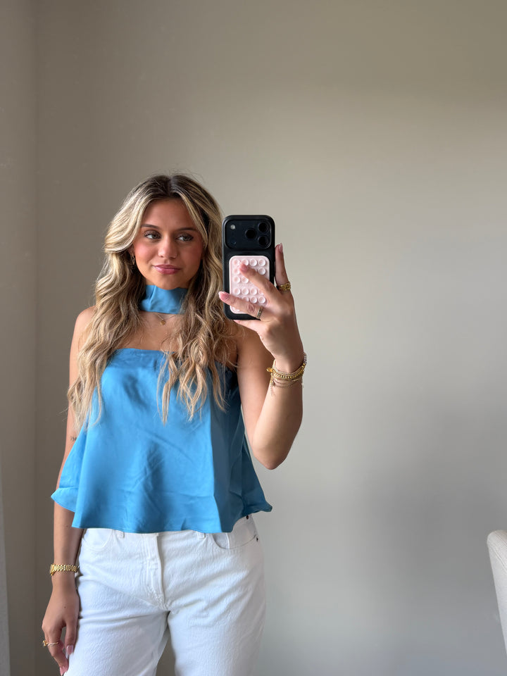 Sav Strapless Scarf Satin Top - Blue