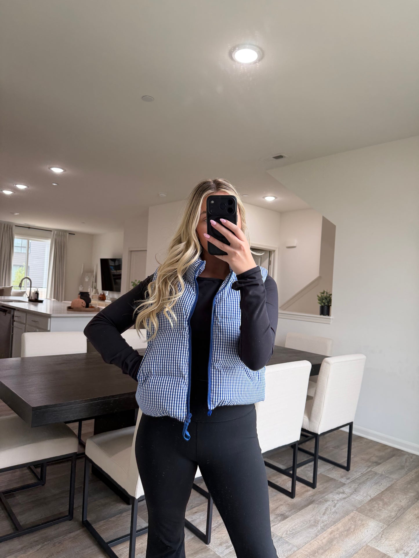 Gia Gingham Puffer Vest - Blue