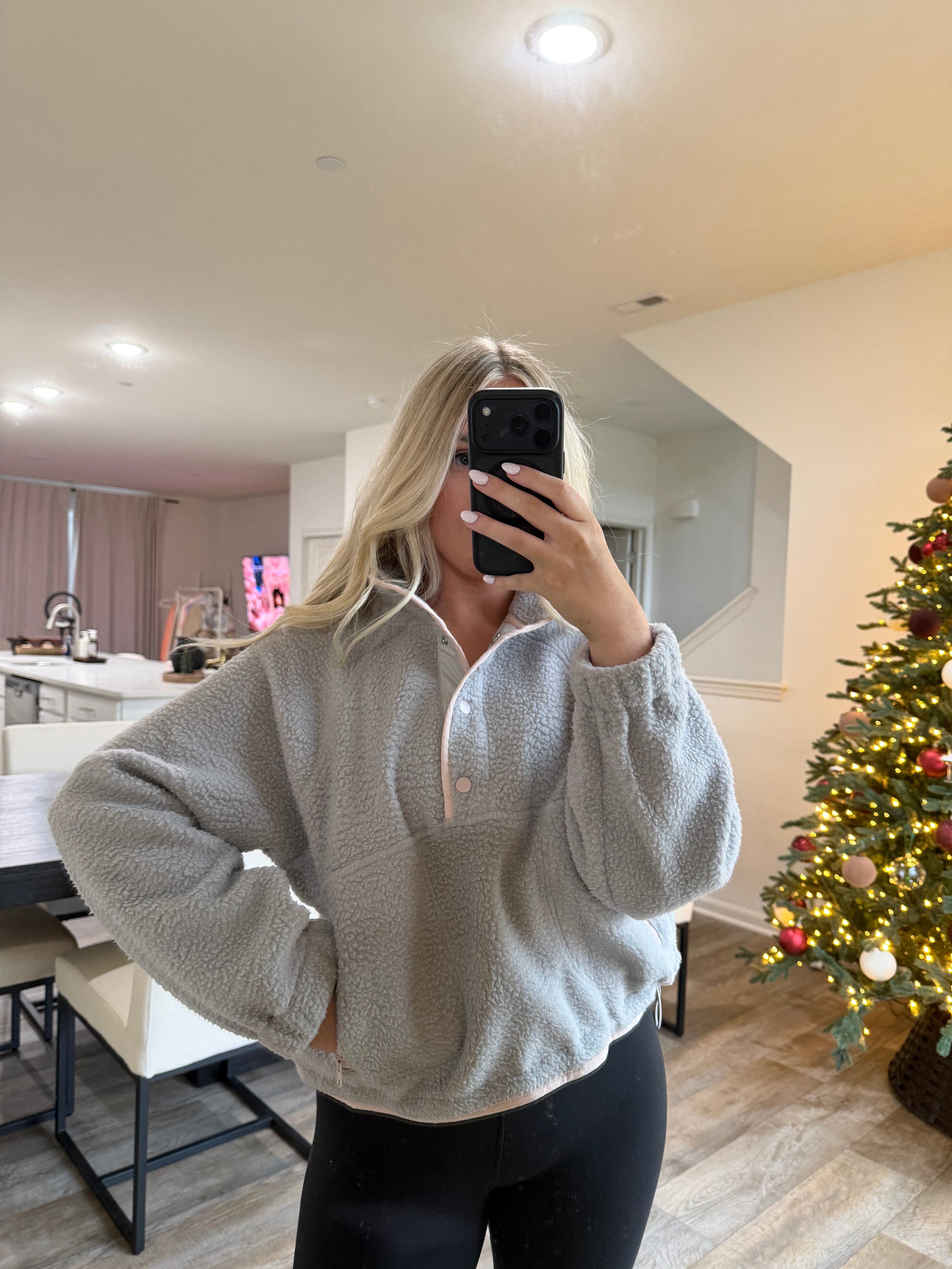 Halle Fleece Button Sweater- Gray/Lt Pink