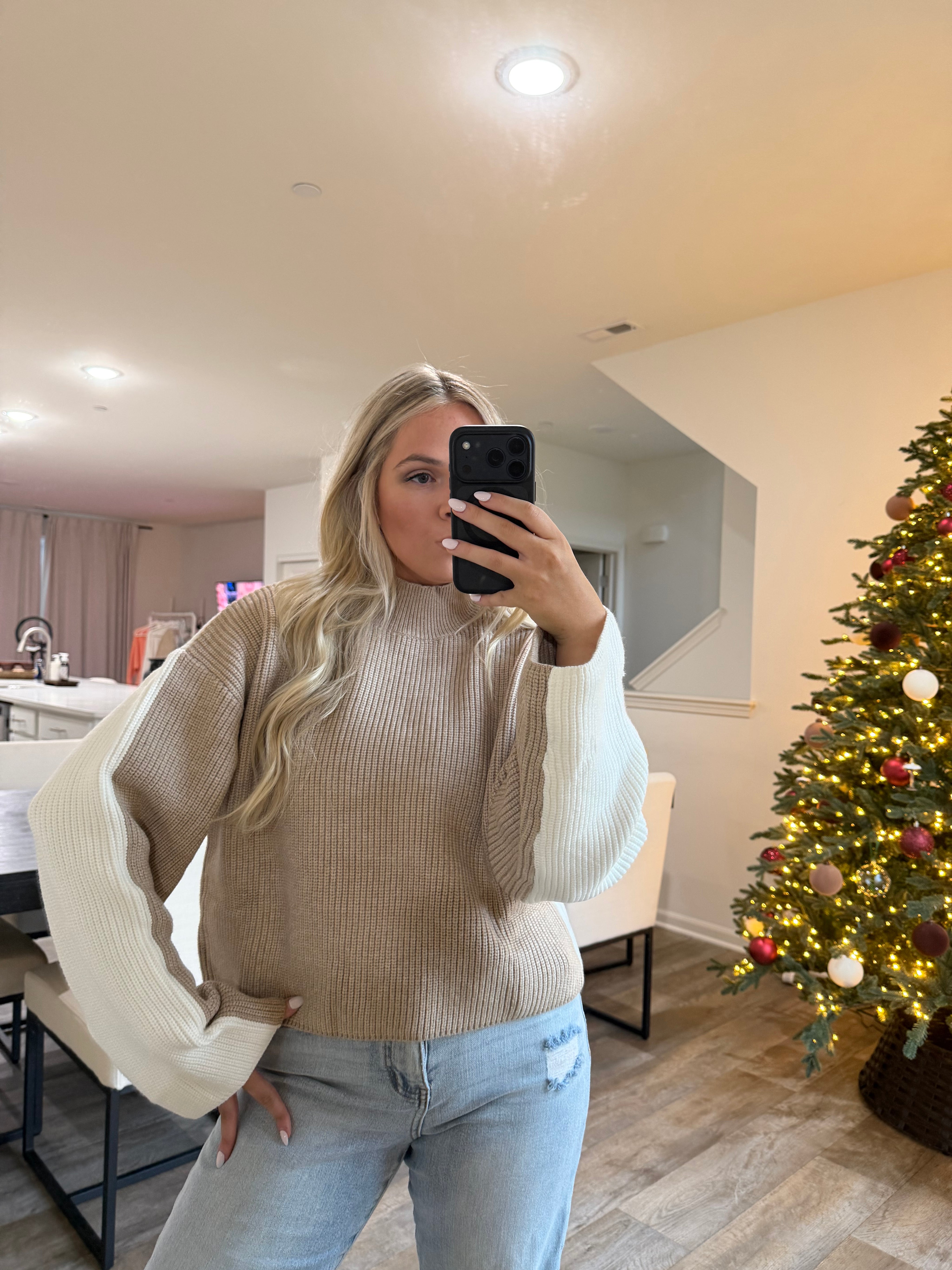 Carmen Mock Neck Two Tone Sweater-Taupe/Ivory