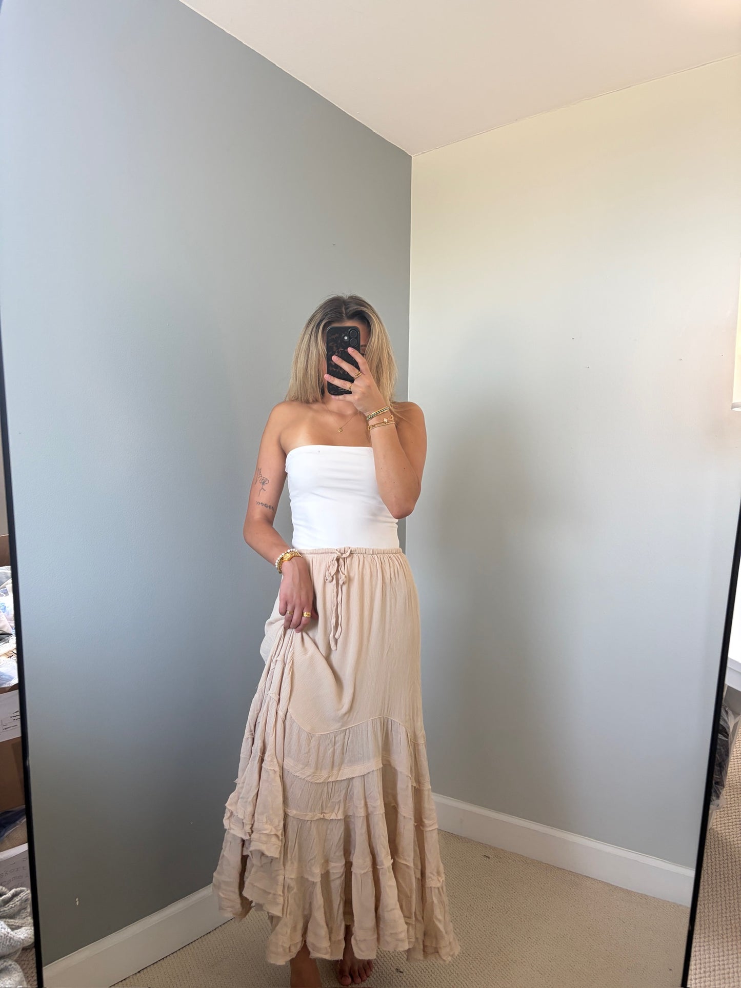 Reed Ruffle Maxi Skirt - Tan Natural