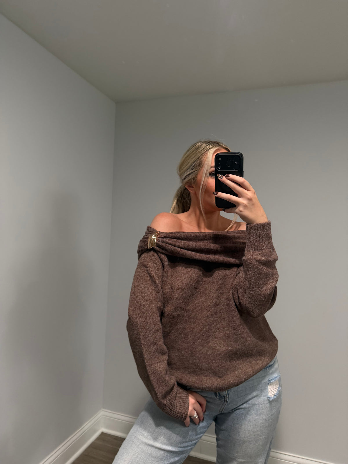 Emory Off the Shoulder Buckle Sweater - Brown