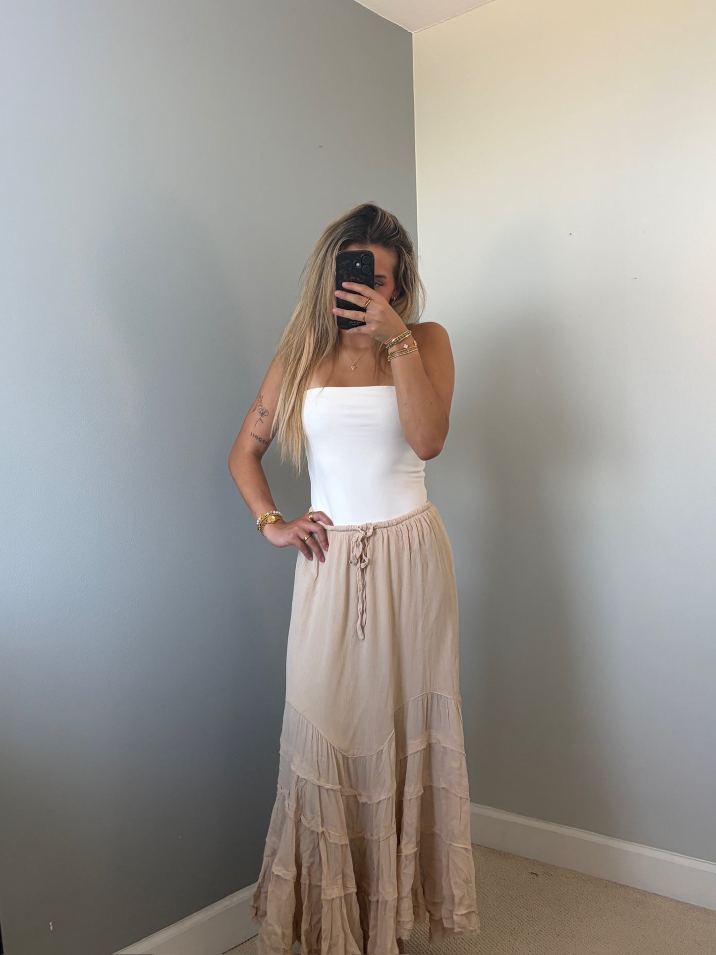 Reed Ruffle Maxi Skirt - Tan Natural