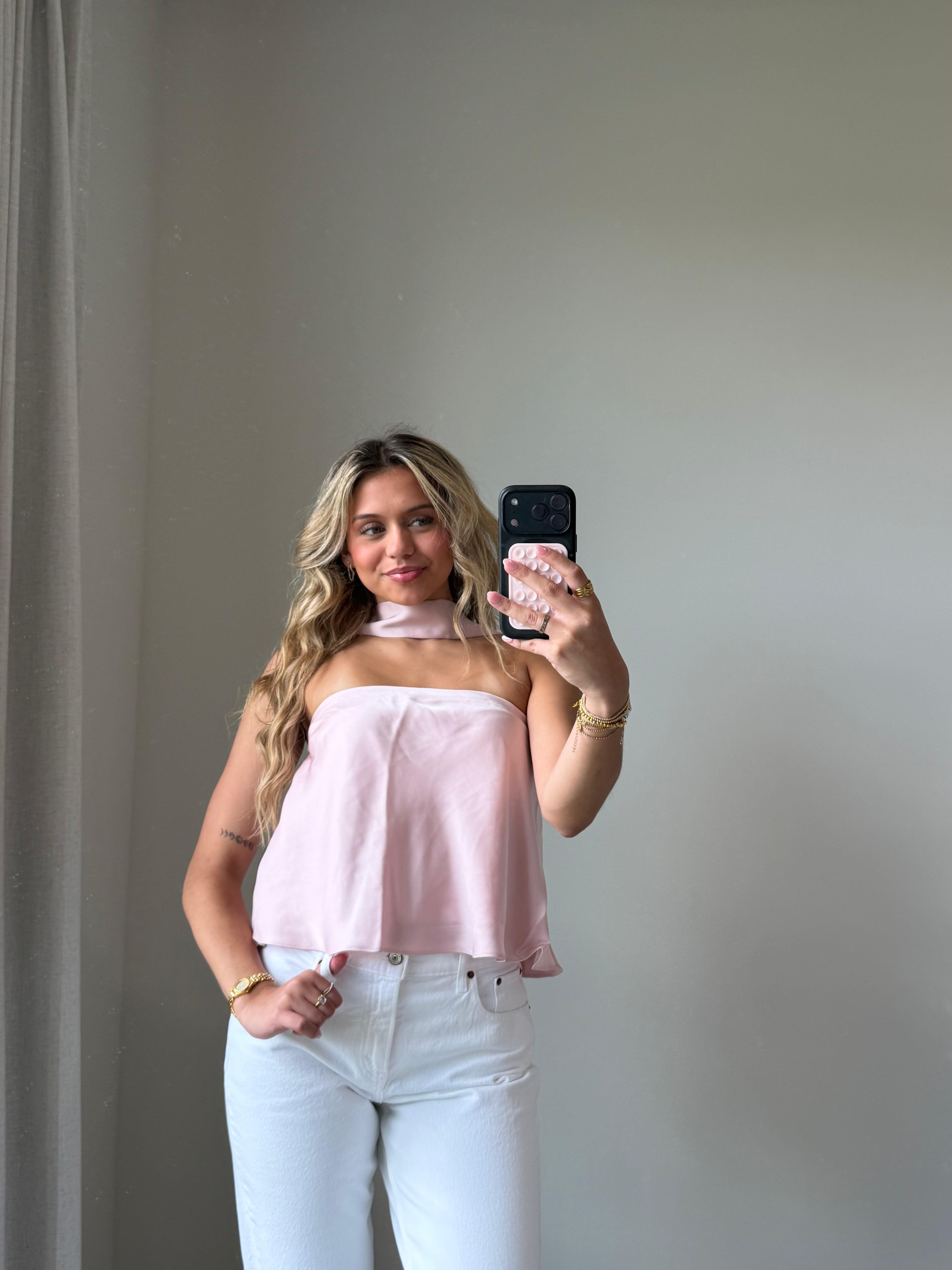 Sav Strapless Scarf Satin Top - Pink
