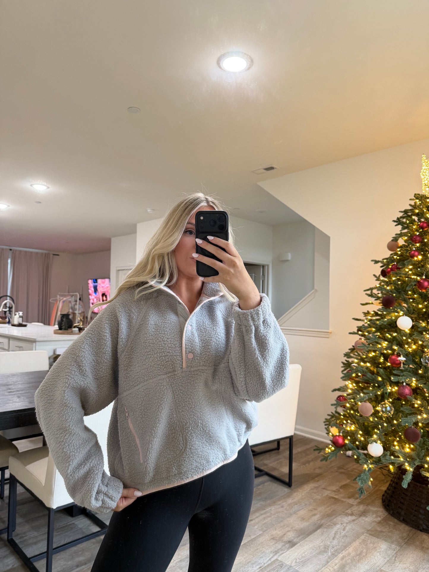 Halle Fleece Button Sweater- Gray/Lt Pink