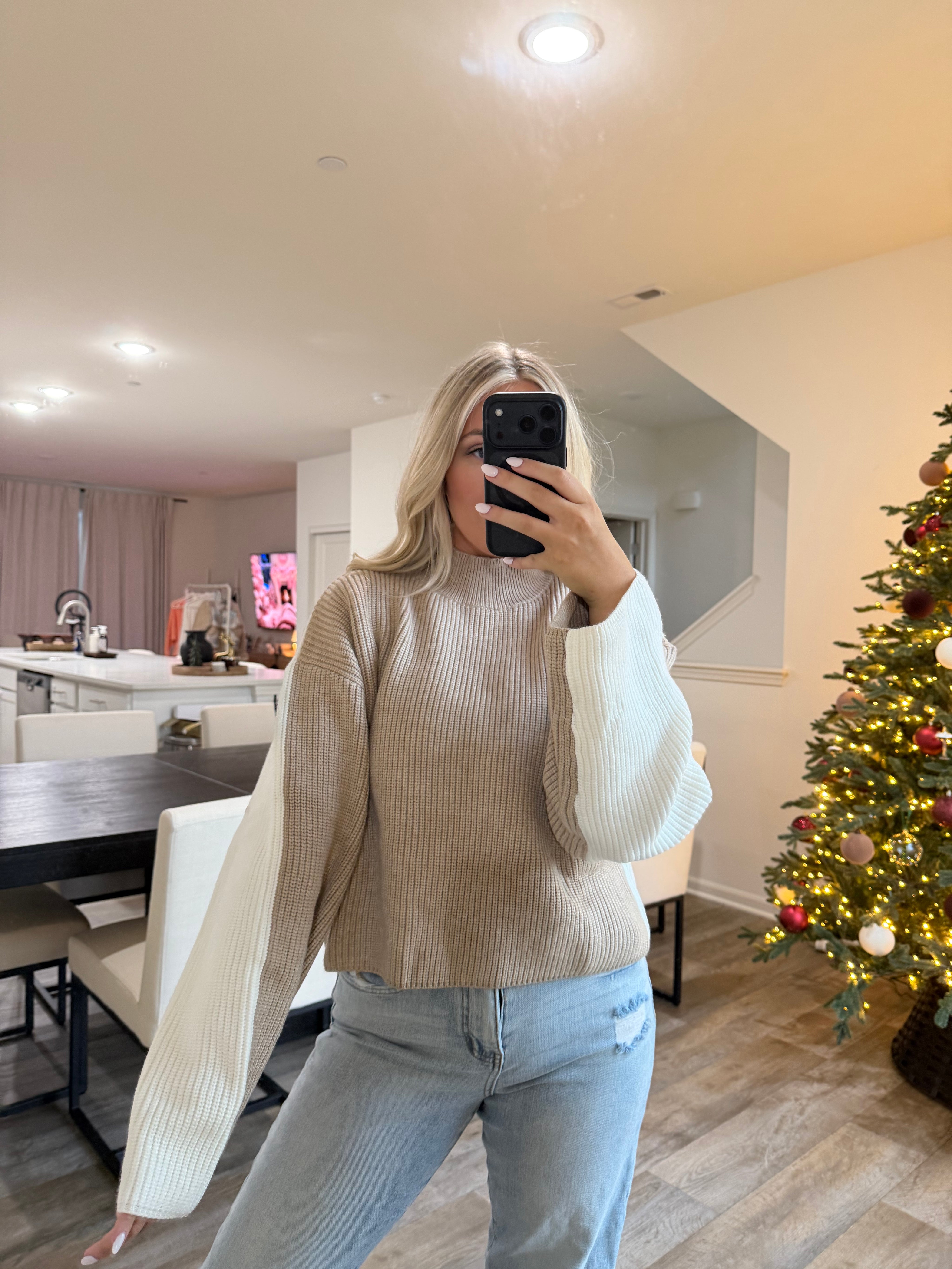 Carmen Mock Neck Two Tone Sweater-Taupe/Ivory