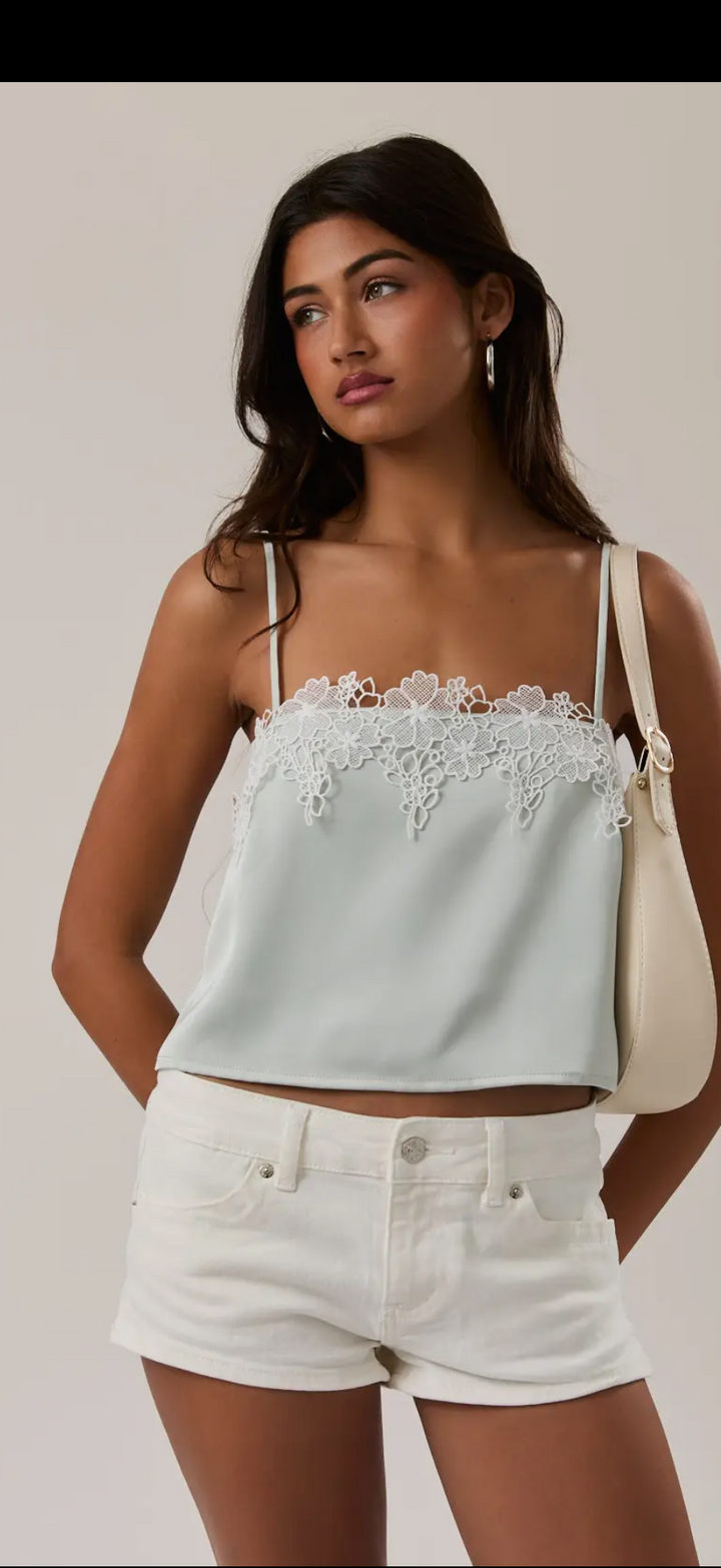 Jules Lace Tank Cropped - Light Sage