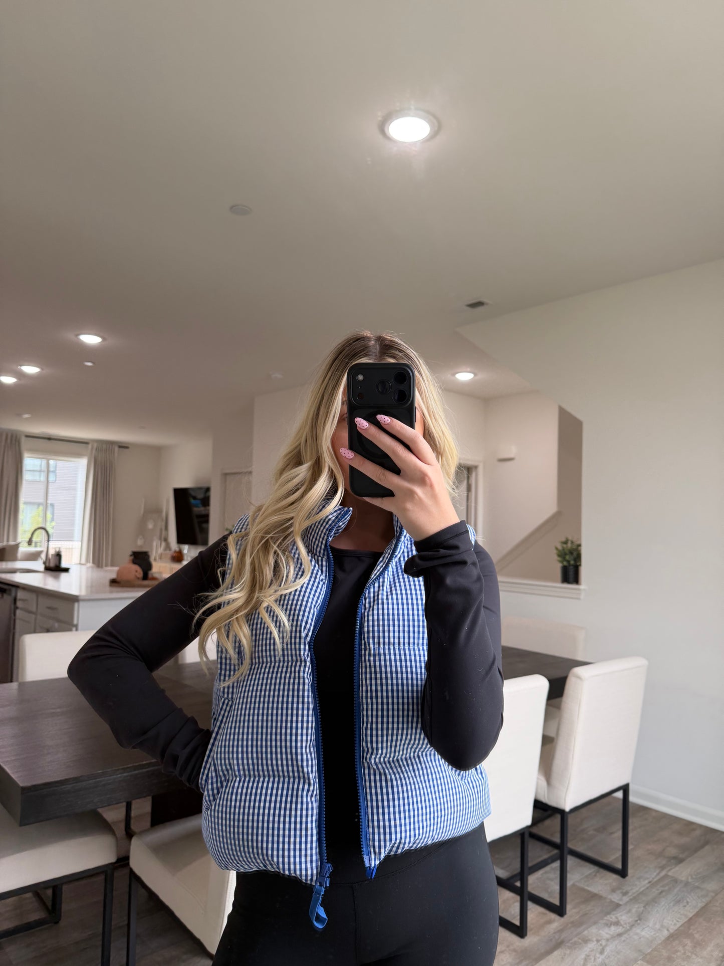 Gia Gingham Puffer Vest - Blue