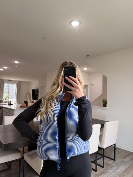 Gia Gingham Puffer Vest - Blue