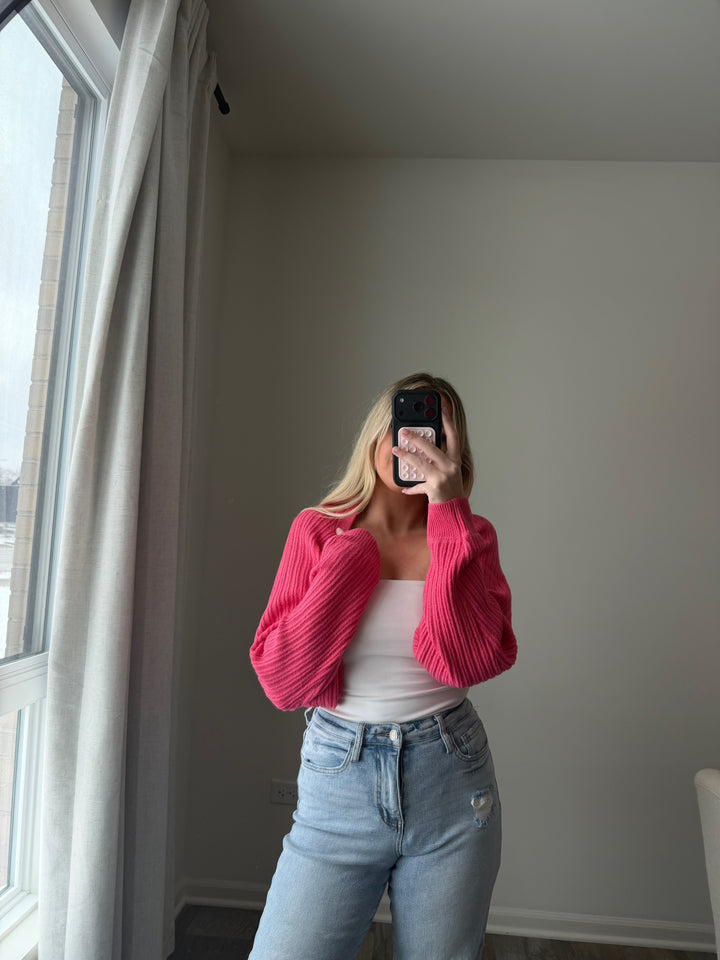 Millie Ribbed Knit Bolero Shrug - Pink