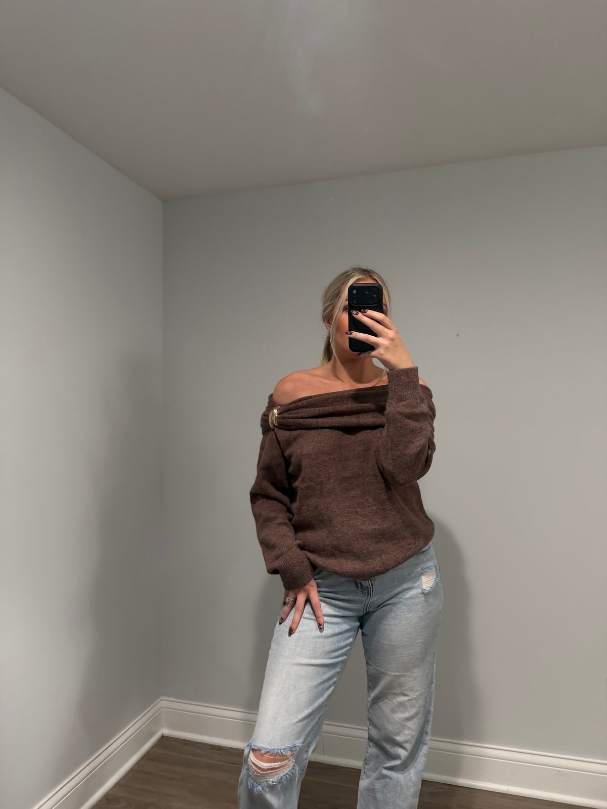Emory Off the Shoulder Buckle Sweater - Brown