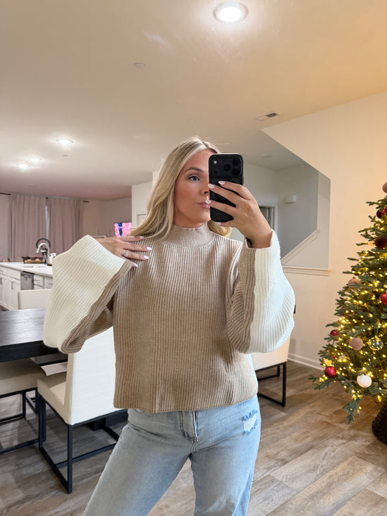 Carmen Mock Neck Two Tone Sweater-Taupe/Ivory