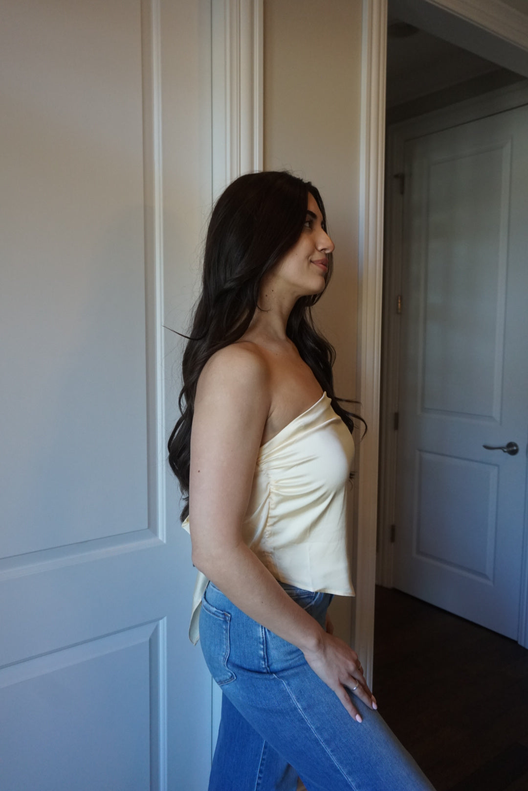 Zoe Butter Lemon Scarf Strapless Satin Top - Yellow