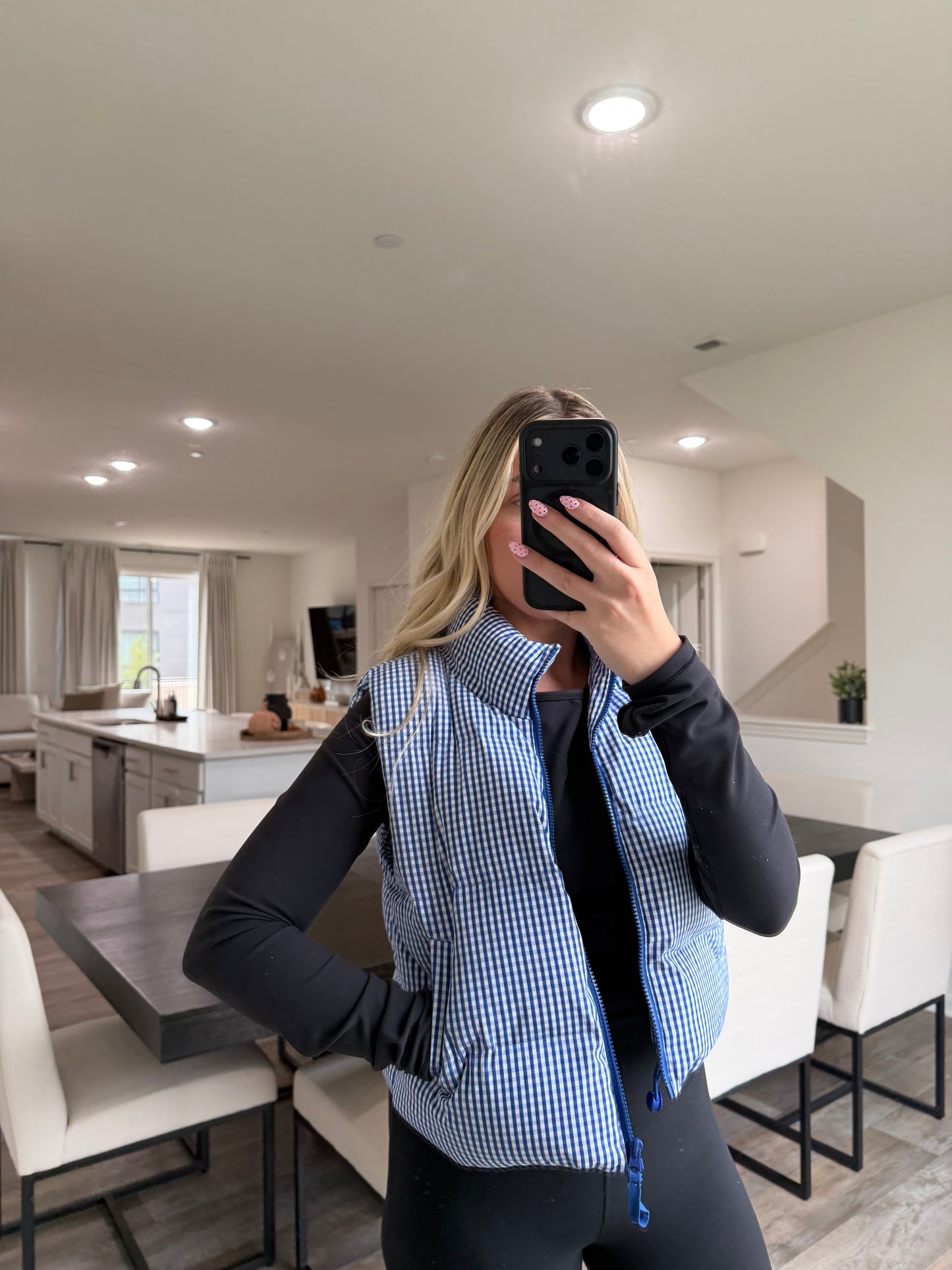 Gia Gingham Puffer Vest - Blue